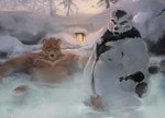 anthro bathing belly black_nose brown_body duo humanoid_hands kemono male moobs nipples outside overweight overweight_male snow steam water white_body racoonwolf bear mammal 2024 hi_res