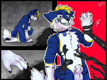 animal_genitalia anthro blue_body blue_eyes blue_fur cave collar collar_only fur genitals latex male nude plant sheath solo stripes tail tentacles artywolf bluefiger canid canine canis living_latex mammal wolf comic hi_res
