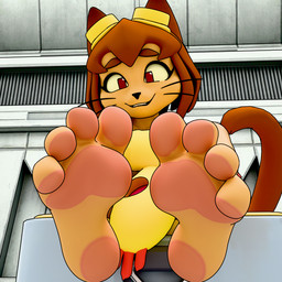 anthro barefoot brown_body brown_hair brown_tail eyewear eyewear_on_head feet female foot_fetish foot_focus goggles goggles_on_head hair humanoid_feet looking_at_viewer pawpads paws plantigrade red_eyes smile smiling_at_viewer soles solo tail toes whiskers twintails3d gameoverse glitch_productions kit_bodega domestic_cat felid feline felis mammal 1:1 2026 3d_(artwork) digital_media_(artwork) hi_res