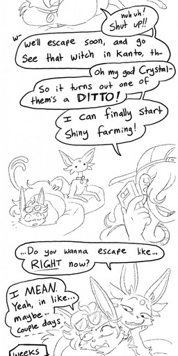 collar dialogue duo egg eyewear female feral glasses group linked_speech_bubble male pointy_speech_bubble pokeball speech_bubble text trio pineconepaladin nintendo pokemon jaki-kun_(character) pokemon_trainer eeveelution espeon flareon generation_1_pokemon generation_2_pokemon human mammal pokemon_(species) absurd_res black_and_white comic digital_drawing_(artwork) digital_media_(artwork) english_text handwritten_text hatching_(art) hi_res line_art long_image monochrome shaded tall_image