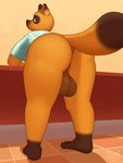 anthro anus balls bent_over big_balls big_butt bottomless butt clothed clothing fur genitals looking_at_viewer looking_back male rear_view shirt solo thick_thighs topwear timidwithapen animal_crossing nintendo tom_nook_(animal_crossing) canid canine mammal raccoon_dog tanuki 2021 3:4 absurd_res digital_media_(artwork) hi_res