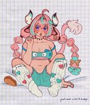 a blue_hair blush bottomwear bra braided_hair clothing eyelashes female food food_in_mouth footwear hair horn long_hair multicolored_hair not_furry open_mouth pajama_shirt pajama_shorts pajamas pink_hair purple_eyes shorts sitting socks solo taco tail teeth underwear kikoepi genshin_impact mihoyo varesa_(genshin_impact) animal_humanoid bovid bovid_humanoid bovine bovine_humanoid cattle_humanoid horned_humanoid humanoid mammal mammal_humanoid 2025