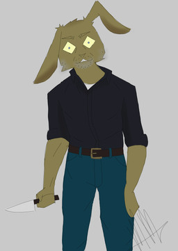 anthro belt blue_eyes bottomwear cheek_tuft clothing collared_shirt denim denim_bottomwear denim_clothing dress_shirt ear_tuft facial_hair facial_tuft floppy_ears front_view fur grey_background grey_clothing grey_facial_hair grey_shirt grey_topwear holding_knife holding_object jeans knife looking_at_viewer male pants shirt simple_background smile smiling_at_viewer solo standing teeth topwear tuft under_shirt white_clothing white_shirt white_topwear yellow_body yellow_fur mrs_owo five_nights_at_freddy's five_nights_at_freddy's_(film) scottgames william_afton_(fnaf) lagomorph leporid mammal rabbit absurd_res hi_res