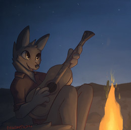 acoustic_guitar ambiguous_gender anthro brown_body brown_fur cactus campfire clothed clothing detailed_background fully_clothed fur guitar head_tuft holding_guitar holding_musical_instrument holding_object light musical_instrument night open_mouth open_smile outside plant playing_guitar playing_music plucked_string_instrument sitting sky smile solo string_instrument tuft enginetrap daxy_(adaxyn) canid canine canis coyote mammal 2020 digital_media_(artwork) hi_res lighting shaded