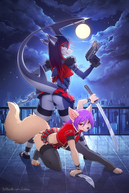 anthro arched_back balcony belt black_hair black_nose bottomwear buckle bulge butt city clothed clothing cloud crossdressing dagger detailed_background duo ear_piercing facial_piercing femboy fishnet_clothing footwear fur garter_belt garter_straps gloves gun hair handwear holding_object holding_weapon jacket katana knife leggings legwear lip_piercing looking_at_viewer looking_back male melee_weapon moon multicolored_hair night panties pattern_clothing pattern_footwear pattern_legwear pattern_socks pawpads piercing pose purple_hair railing ranged_weapon rear_view red_eyes rooftop shirt skirt sky socks star striped_clothing striped_footwear striped_legwear striped_socks stripes sword tail tail_under_skirt tan_body tan_fur teeth thigh_highs thong topwear two_tone_hair underwear weapon iskra akula_(fenix-fox) fenix_(fenix-fox) aquatic canid canine fish mammal shark 2017 2:3 digital_media_(artwork) hi_res pinup shaded