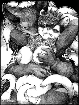 anthro bedroom_eyes breast_grab breasts chest_tuft consentacles duo fangs female hand_on_breast male male/female narrowed_eyes nipples nude seductive teeth tentacles text tuft o-kemono shade_(shadeaoiyuki) wolfe_thane_(wolfethane) mammal 2021 artist_name dated greyscale monochrome traditional_media_(artwork) url