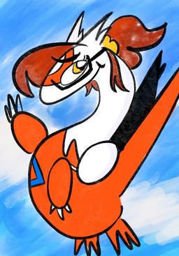 accessory ambiguous_gender blue_background eyewear glasses hair hair_accessory hair_tie rectangular_glasses red_body red_hair simple_background solo tied_hair white_body yellow_eyes joantoonz nintendo pokemon pokemon_(species) 2026 digital_drawing_(artwork) digital_media_(artwork) english_description hi_res