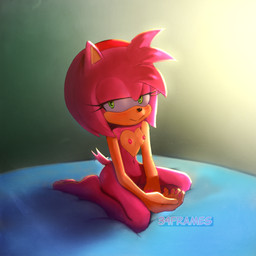 anthro areola bent_legs biped breasts feet female fingers fur gradient_background green_eyes half-closed_eyes looking_aside looking_at_viewer narrowed_eyes nipples nude nude_anthro nude_female pink_body pink_fur pose shadow simple_background sitting small_breasts smile solo tail tail_motion tailwag tan_body tan_fur text three-quarter_view toes 34frames sega sonic_the_hedgehog_(series) amy_rose eulipotyphlan hedgehog mammal 1:1 artist_name colored full-length_portrait hi_res pinup portrait shaded