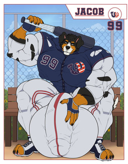 anthro baseball_(sport) big_bulge big_muscles bulge bulge_fondling clothing detailed_bulge huge_bulge huge_muscles hyper hyper_bulge hyper_muscles male muscular muscular_male solo sport torn_clothing kamui_behemoth canid canine canis domestic_dog mammal hi_res
