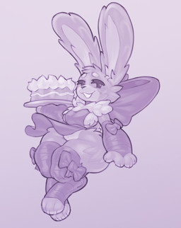 apron bow_ribbon breasts cake clothing dessert elderly_female female feral fluffy food holding_cake holding_food holding_object huge_thighs leg_ribbon ribbons small_breasts smile smiling_at_viewer solo thick_thighs wide_hips starreuges old_lady_(hb) lagomorph leporid mammal rabbit