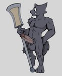 anthro balls big_balls big_penis black_body black_eyes black_fur brown_penis fur genitals glaive humanoid_genitalia humanoid_penis male melee_weapon muscular muscular_male penis polearm pubes solo weapon fourssss rex_(fours) canid canine canis mammal warg_(fours) wolf digital_media_(artwork) full-length_portrait hatching_(art) hi_res portrait shaded