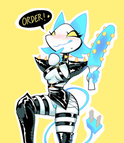 anthro biped blue_hair blush breasts clothing dialogue dildo electrical_plug female floating_hands hair harness holding_dildo holding_object holding_sex_toy legwear licking licking_lips machine panties sex_toy solo text thick_thighs tongue tongue_out underwear white_body wide_hips yellow_eyes moread deltarune undertale_(series) tasque_manager darkner felid feline mammal robot robot_anthro 2021 english_text hi_res