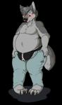 anthro blush bottomwear bulge clothed clothing male overweight overweight_anthro overweight_male pants simple_background slightly_chubby solo topless transparent_background underwear shout_(artist) milkandcooki canid canine canis domestic_dog german_shepherd herding_dog mammal pastoral_dog alpha_channel hi_res source_request