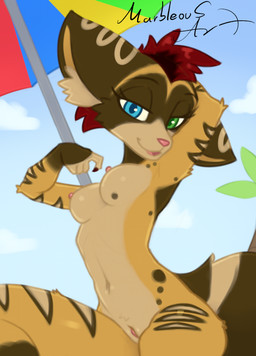 anthro arm_tuft beach beach_umbrella bedroom_eyes belly blue_eyes blue_sky breasts cheek_tuft claws cloud countershade_belly countershade_face countershade_fur countershade_torso countershading elbow_tuft eyebrows eyelashes facial_markings facial_tuft female fluffy fluffy_ears fluffy_tail front_view fur fur_markings genitals glistening glistening_body glistening_breasts glistening_eyes glistening_genitalia glistening_thighs glistening_vulva green_eyes hair half-closed_eyes head_markings heterochromia inner_ear_fluff leg_tuft long_eyelashes looking_at_viewer markings multicolored_body multicolored_fur multicolored_hair multicolored_tail narrowed_eyes navel nipples open_mouth palm_tree parasol pink_nipples pink_nose pink_tongue plant plump_labia pose pubes red_claws red_hair seductive short_hair sitting sky slim small_nipples small_waist smile smiling_at_viewer smirk smirking_at_viewer solo spots spotted_body spotted_breasts spotted_fur striped_arms striped_body striped_fur striped_legs striped_markings striped_tail striped_thighs stripes tail tail_markings tan_belly tan_body tan_countershading tan_fur tan_inner_ear tan_inner_ear_fluff thick_thighs thigh_tuft tongue tree tuft umbrella vulva wide_hips yellow_body yellow_fur conditional_dnp marbleous ratchet_and_clank sony_corporation sony_interactive_entertainment isabella_(ukz_james97) civet hybrid lombax mammal viverrid absurd_res hi_res