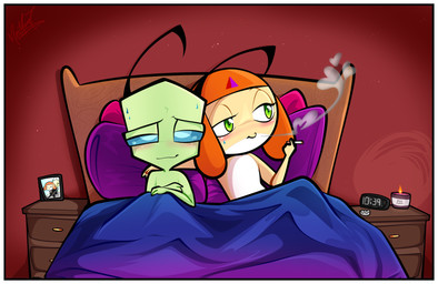 after_sex antennae_(anatomy) bed blue_eyes candle cigarette cuddling duo furniture green_eyes husband_and_husband interspecies male male/male married_couple satisfied_look silk_sheet smoking smoking_cigarette wedding_portrait mimimarie invader_zim nickelodeon sgt._frog fan_character alien amphibian humanoid irken keronian hi_res