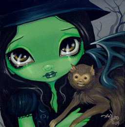 ambiguous_gender brown_body brown_fur clothed clothing duo eyebrows eyelashes female feral fur green_body green_skin hair lips long_hair looking_at_viewer membrane_(anatomy) membranous_wings pupils wings jasmine_becket-griffith the_wonderful_wizard_of_oz wicked_witch_of_the_west flying_monkey haplorhine human mammal monkey primate 2009 dated formal_art low_res painting_(artwork) traditional_media_(artwork) traditional_painting_(artwork)