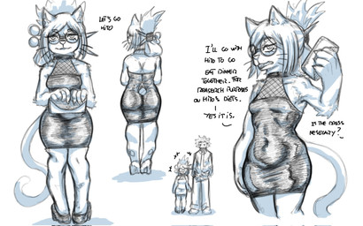 anthro belly breasts butt claws clothing cocktail_dress dress duo eyewear female female_focus footwear fupa fur glasses high_heels hito male navel shoes shoulder_blades size_difference slightly_chubby small_breasts smaller_anthro smaller_female solo_focus speech_bubble thick_thighs tight_clothing tight_dress whiskers any-low-be hitoner miss_tonerico felid feline human mammal graphite_(artwork) hi_res monochrome sketch traditional_media_(artwork)