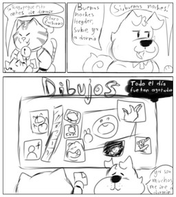 anthro border dialogue eyes_always_closed eyes_closed fangs group male open_mouth speech_bubble tail teeth text white_border young ugly-rat15508 raymond_(ugly-rat15508) seiko_(ugly-rat15508) terrence_(ugly-rat15508) canid canine canis domestic_cat domestic_dog felid feline felis mammal comic monochrome sketch spanish_text translation_request