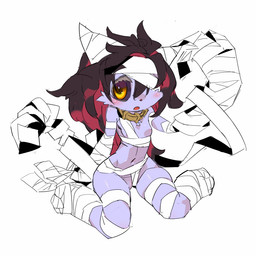 anthro bandage breasts female hair high-angle_view kemono long_hair looking_at_viewer nipples solo strapped cotora canid canine canis domestic_dog mammal 1:1