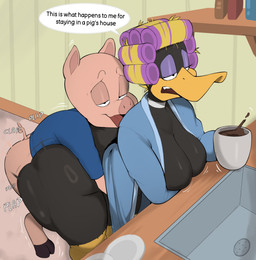 anthro anthro_on_anthro anthro_penetrated anthro_penetrating anthro_penetrating_anthro big_butt black_body blonde_hair breasts butt clothed clothed_anthro clothed_female clothed_male clothing coffee_mug crossgender dialogue duo female female_anthro female_penetrated hair male male/female male_anthro male_penetrating male_penetrating_female mtf_crossgender open_mouth penetration sex speech_bubble text tongue tongue_out usnarbit looney_tunes warner_brothers daffy_duck porky_pig anatid anseriform avian bird domestic_pig duck mammal suid suine sus_(pig) 2026 english_text hi_res