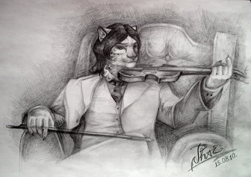 5_fingers anthro biped bottomwear bowed_string_instrument bow_(stringed_instrument) chair claws clothed clothing crossed_legs fingers front_view fully_clothed furniture hair holding_musical_instrument holding_object jacket male musical_instrument necktie pants sitting solo spots string_instrument suit topwear violin whiskers augustine_mayer phae felid mammal pantherine snow_leopard greyscale monochrome