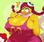 anthro anthrofied big_breasts blue_eyes breasts cleavage clothed clothing curvy_figure duo eyeshadow eyewear feathers female goggles hair huge_breasts makeup male mascot nipple_outline non-mammal_breasts red_hair scarf slightly_chubby torn_clothing voluptuous wardrobe_malfunction wide_hips yellow_body yellow_feathers sssonic2 mcdonald's birdie_the_early_bird ronald_mcdonald anatid anseriform avian bird chicken duck galliform gallus_(genus) phasianid hi_res