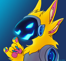 4_ears anthro blue_claws claws devil_horns_(gesture) fur gesture hand_gesture machine male multi_ear pawpads pink_pawpads simple_background smile solo yellow_body yellow_fur oshimaru_kumi femo_fur protogen absurd_res hi_res portrait signature