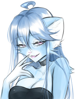 anthro big_breasts black_clothing blue_body blue_fur blue_hair breasts cheek_tuft choker cleavage clothed clothing eyebrows eyelashes facial_tuft fangs female female_anthro fingers fur hair inner_ear_fluff jewelry long_hair looking_at_viewer multicolored_body narrowed_eyes necklace open_mouth pink_eyes pink_nose purple_eyes seductive simple_background smile solo teeth topwear tuft white_background white_body white_fur laladeei kiki_(laladeei) domestic_cat felid feline felis mammal bust_portrait digital_media_(artwork) hi_res portrait
