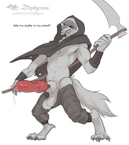 abs animal_genitalia animal_penis anthro arm_wrapping arm_wraps athletic athletic_anthro athletic_male balls big_penis biped black_cloak black_clothing black_hood bodily_fluids bottomwear bottomwear_down canine_genitalia canine_penis claws cloak clothed clothing dialogue digitigrade dripping erection facial_markings fangs fluffy fluffy_tail fur fuzzy genital_fluids genitals grey_body grey_fur grin half-erect head_markings holding_melee_weapon holding_object holding_polearm holding_scythe holding_weapon hood hood_up hooded_cloak huge_penis knot knot_root looking_at_viewer male markings mask_(marking) melee_weapon open_bottomwear open_clothing open_pants pants pants_down partially_clothed paws penis polearm poncho pose precum precum_drip precum_string question red_eyes red_penis scythe sheath simple_background smile smiling_at_viewer solo standing tail talking_to_viewer teeth text toe_claws weapon white_background wrapped_arms wraps zephyxus dreamworks puss_in_boots_(franchise) death_(puss_in_boots) canid canine canis mammal wolf 2026 digital_media_(artwork) english_text watermark