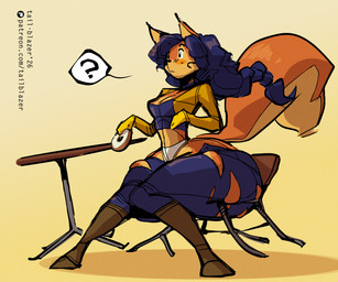 anthro blue_hair chair female fur furniture hair orange_body orange_fur simple_background sitting solo table thick_thighs tail-blazer sly_cooper_(series) sony_corporation sony_interactive_entertainment sucker_punch_productions carmelita_fox canid canine fox mammal 2026 6:5 hi_res