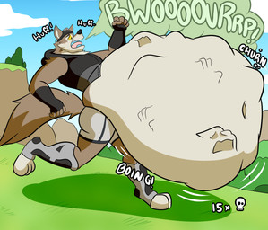 abdominal_bulge anthro anthro_pred belly big_belly brown_body brown_fur burp_cloud burping churn death_count face_imprint fatal_vore fur grey_body grey_fur hand_imprint huge_belly hyper hyper_belly imprint male motion_lines multiple_prey navel open_mouth outside prey_count rumbling_stomach running side_view skull_symbol soft_vore solo standing tail teeth tongue unwilling_prey vore flamingtiger98 torkumatigburr epic_games fortnite wendell_(fortnite) canid canine canis mammal wolf 2026 hi_res