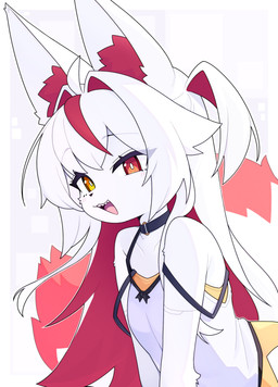 anthro biped blush breasts clothed clothed_anthro clothed_female clothing female front_view fur hair heterochromia inner_ear_fluff looking_at_viewer smile solo tail teeth tongue tuft devil-vox knia_(devil-vox) canid canine fox mammal 2026 digital_drawing_(artwork) digital_media_(artwork) hi_res