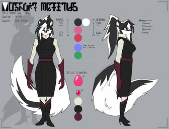 anthro armwear black_body black_fur blue_eyes boots bottomwear breasts clothed clothing dress egg elbow_gloves female footwear fur gloves green_eyes hair handwear high_heeled_boots high_heels multicolored_body multicolored_fur ponytail shoes simple_background skunk_tail solo tail topwear two_tone_body two_tone_fur white_body white_fur topazknight jackie_clone mammal mephitid skunk digital_media_(artwork) hi_res model_sheet