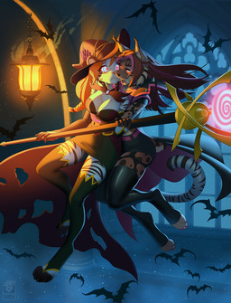 anthro armwear big_breasts black_armwear black_bottomwear black_bridal_gauntlets black_clothing black_dress black_latex black_legwear black_skirt black_thigh_highs blood bodily_fluids bottomwear breasts bridal_gauntlets brown_body brown_fur brown_hair cape clothing dress duo female female/female fur hair hat headgear headwear holding_object holding_staff holidays hypnosis hypnotic_eyes lamp lantern latex latex_clothing latex_legwear latex_thigh_highs legwear long_hair magic_user markings mind_control multicolored_body multicolored_fur multicolored_hair pink_hair ringed_eyes skirt spots spotted_body spotted_fur staff striped_body striped_fur stripes tail thigh_highs two_tone_body two_tone_fur two_tone_hair wearing_hat white_body white_fur witch witch_hat vallhound halloween keilani zaide_(ashkelling) ambient_bat felid feline lynx mammal pantherine tiger vampire 2025 hi_res