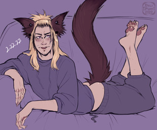 blonde_hair bottomwear brown_body brown_fur claws clothing feet finger_claws fur furniture hair humanoid_feet lying male not_furry on_front pants pawpads pink_pawpads plantigrade purple_background purple_eyes relaxing simple_background sofa solo sweater sweatpants toe_claws topwear whiskers dalipuff animal_humanoid cat_humanoid felid felid_humanoid feline feline_humanoid humanoid mammal mammal_humanoid