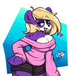 anthro black_bottomwear black_clothing black_shorts blonde_hair bottomwear breasts cleavage clothed clothing female fur grey_eyes hair hand_on_hip heart_symbol looking_at_viewer pink_clothing pink_sweater pink_topwear purple_body purple_fur shorts smile snaggle_tooth solo sweater topwear white_body white_fur lunarspy blooper_(dooper64) bear giant_panda mammal