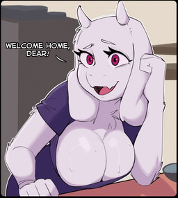 anthro big_breasts bodily_fluids breasts cleavage clothed clothing dialogue dress elbow_on_counter female fur hanging_breasts horn leaning leaning_forward looking_at_another mature_female no_bra purple_clothing purple_dress red_eyes smile solo sweat text white_body white_fur demidoggo big_hero_6 disney undertale_(series) toriel bovid caprine goat mammal english_text hi_res meme