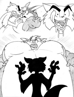 anthro belly big_belly big_breasts breasts duo female huge_belly male obese overweight sharp_teeth simple_background teeth tongue tongue_out white_background krystalvix canid canine fox lagomorph leporid mammal rabbit 2015 monochrome