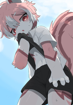 4_fingers anthro blush bodily_fluids bottomwear claws clothed clothed_anthro clothed_male clothing clothing_lift finger_claws fingers fur hair kemono looking_at_viewer low-angle_view male male_anthro multicolored_body multicolored_fur multicolored_hair pink_body pink_fur pink_hair shirt shorts solo sweat sweatdrop tail topwear white_body white_fur white_hair young young_anthro young_male aellaellae naruta mammal rodent sciurid tree_squirrel 2026 absurd_res digital_media_(artwork) hi_res