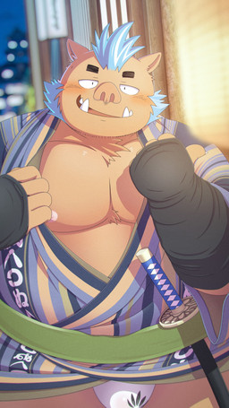 anthro asian_clothing blue_hair brown_body brown_fur bulge clothing east_asian_clothing fundoshi fur hair japanese_clothing katana kimono male melee_weapon musclegut muscular nipples pecs solo sword tusks underwear weapon tetillust lifewonders tokyo_afterschool_summoners ganglie_(tas) mammal suid suine sus_(pig) wild_boar 9:16 absurd_res hi_res