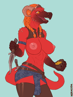 abs anthro big_breasts breasts clothing dagger exposed_breasts female legwear melee_weapon money muscular muscular_anthro muscular_female nipples non-mammal_breasts open_mouth solo standing tail thigh_highs weapon wide_hips neracoda mythology dragon mythological_creature mythological_scalie scalie 3:4 hi_res