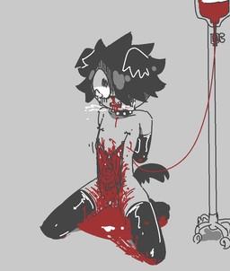 alternative_fashion anthro balls barely_visible_genitalia barely_visible_penis black_collar black_hair blood blood_bag blood_from_mouth blood_in_mouth bodily_fluids clothing collar crying disembowelment emo femboy floppy_ears folded_ears genitals gloves gore gore_focus goth grey_background grey_body guts hair handwear intestines iv_bag iv_line kneeling latex latex_clothing latex_gloves latex_handwear latex_legwear latex_thigh_highs legwear male mostly_nude nipples nosebleed organs pain penis simple_background solo spiked_collar spikes tears thigh_highs bravobunny canid canine canis domestic_dog mammal