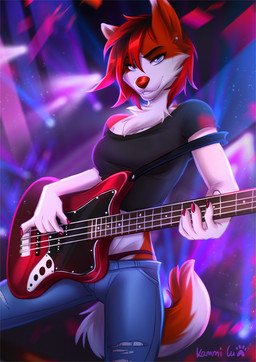 5_fingers anthro bass_guitar blue_eyes clothed clothing eyebrows eyelashes female female_anthro fingers fur guitar musical_instrument plucked_string_instrument red_body red_fur red_nose smile solo string_instrument white_body white_fur kammi-lu fender_jaguar fender_musical_instruments_corporation natasha_(deadman_joe) canid canine canis domestic_dog husky mammal nordic_sled_dog spitz 2020 digital_media_(artwork)