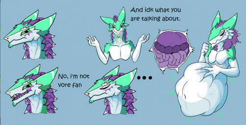 anthro belly big_belly bowels digestion digestion_noises fur green_body green_eyes green_fur guts hair internal intestines male onomatopoeia organs purple_hair rumbling_stomach solo sound_effects stomach text vore x-ray_view a.u.tumn sergal english_text