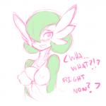 1:1 blush breasts dialogue english_text female gardevoir generation_3_pokemon green_body looking_at_viewer mammal multicolored_body nintendo nipples not_furry pokemon pokemon_(species) simple_background slugbox solo text two_tone_body white_background white_body