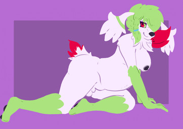 animal_genitalia anthro areola balls belly big_breasts black_areola black_nipples breasts dipstick_tail fur genitals gloves_(marking) green_body green_fur green_hair green_markings gynomorph hair intersex leg_markings looking_at_viewer markings nipples pose purple_background red_eyes red_tail_tip seductive sheath simple_background socks_(marking) solo tail tail_markings white_body white_fur doitean nintendo pokemon marin_(doitean) generation_4_pokemon legendary_pokemon pokemon_(species) shaymin sky_forme_shaymin hi_res pinup