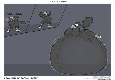 beak belly big_belly black_text grey_background grey_beak huge_belly hyper hyper_belly hyper_inflation immobile inflation lying lying_on_self motion_lines on_front simple_background text bat_dash final_fantasy square_enix gysahl_(bloatable) avian chocobo 2025 comic english_text hi_res sequence url