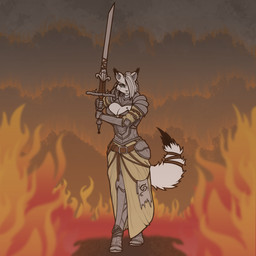 anthro armor attack_stance belt biped black_nose blue_eyes bottomwear breasts cleavage clothed clothing cuisse female fire fluffy fluffy_tail front_view fur gauntlets gloves gorget greaves hair handwear inner_ear_fluff long_skirt multicolored_body multicolored_fur pauldron plackart poleyn pose sabatons short_hair skirt solo standing straps tail tassets tuft two_handed_sword white_body white_fur white_hair diskeit felid feline lynx mammal 1:1 2024 digital_drawing_(artwork) digital_media_(artwork) full-length_portrait portrait signature