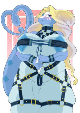 areola areola_slip areola_visible_through_clothing avoiding_eye_contact belly big_belly big_breasts big_butt binder_(restraint) blush bondage_gear breasts butt embarrassed female harness restraints solo thick_thighs thighs_together wide_hips doodlelu1992 nintendo pokemon liora_(fluffybastion) aurorus fossil_pokemon generation_6_pokemon pokemon_(species) hi_res