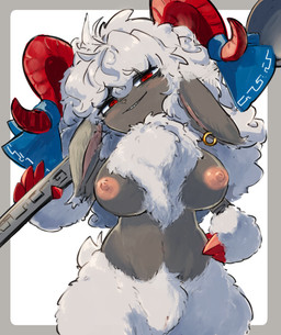 2_horns anthro anthrofied biped breasts cutlery ear_piercing ear_ring ears_down female front_view fur genitals grey_body grey_breasts grey_fur grey_wool horizontal_pupils horn kitchen_utensils long_ears looking_at_viewer multicolored_body multicolored_fur multicolored_wool nipples nude piercing pink_nipples pivoted_ears pupils red_eyes red_horn ring_piercing scut_tail short_tail smile smiling_at_viewer solo spoon tail thick_thighs tools two_tone_body two_tone_fur two_tone_wool vulva white_body white_fur white_wool wide_hips wool_(fur) whis11 touhou yuuma_toutetsu bovid caprine mammal sheep 2024 digital_drawing_(artwork) digital_media_(artwork) japanese_description portrait three-quarter_portrait
